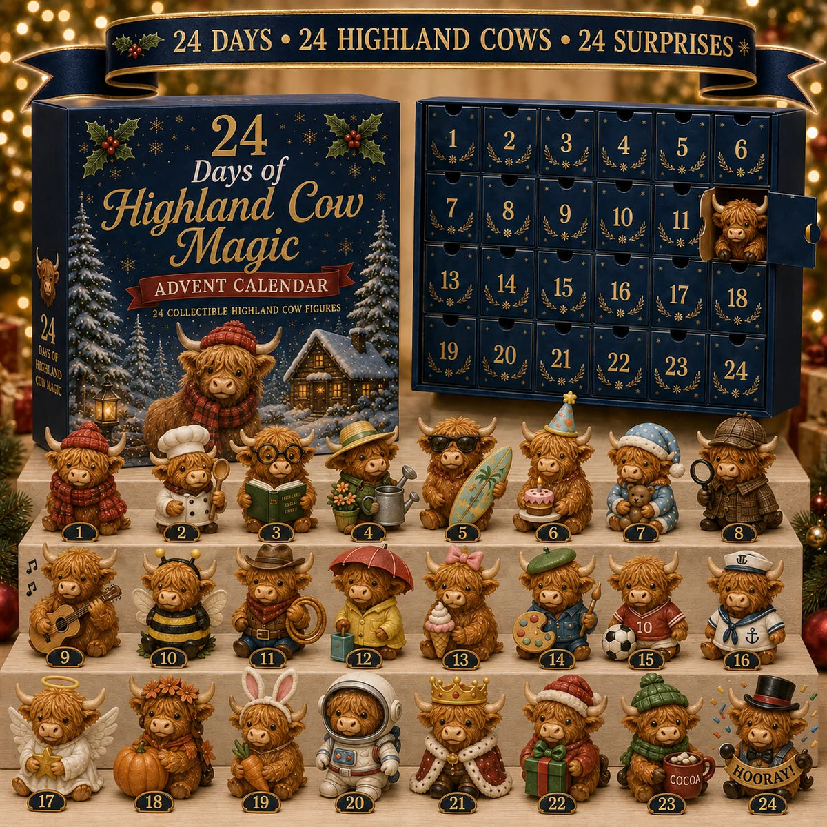 Highland Cow Advent Calendar | 24 Miniature Figures Christmas Countdown Set 0