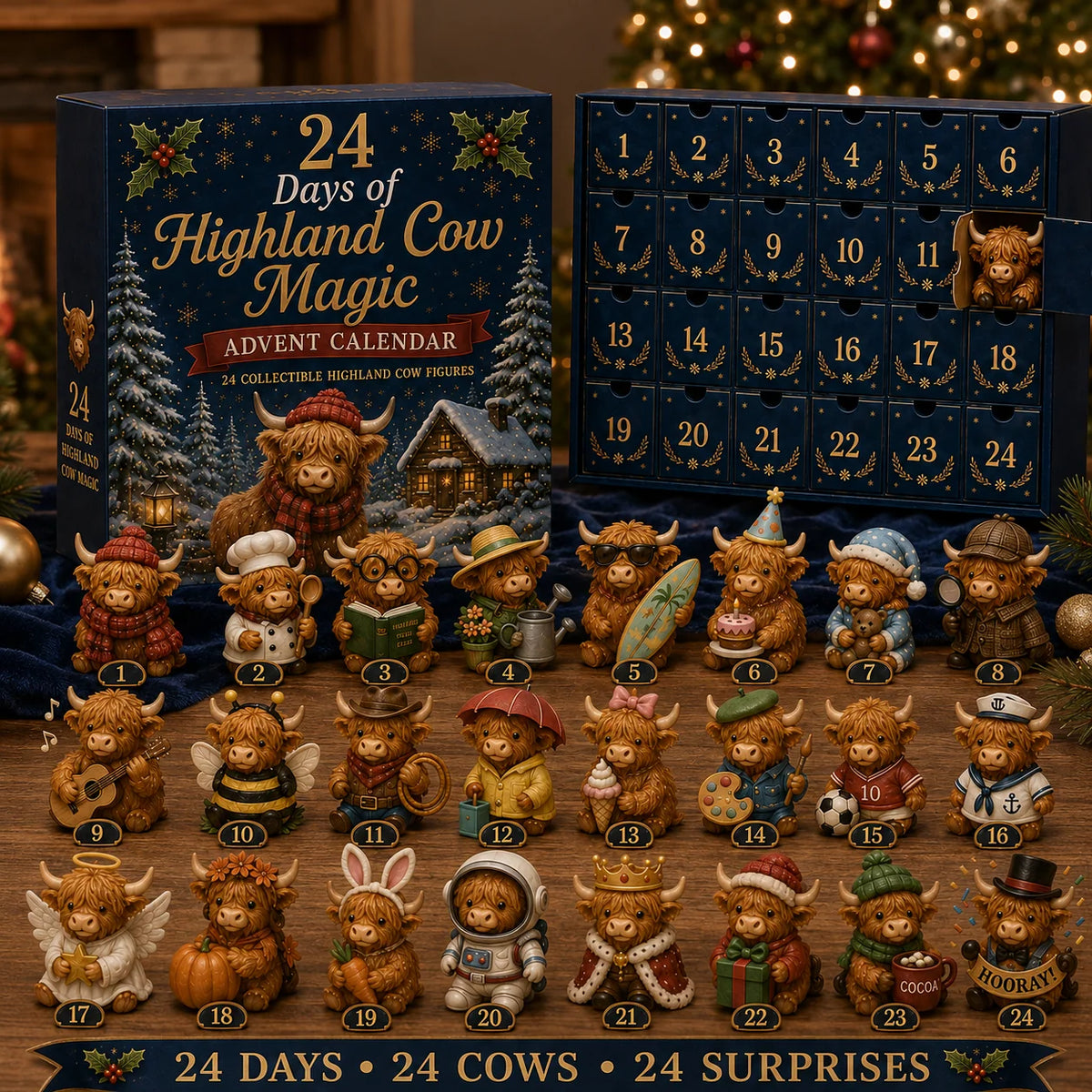 Highland Cow Advent Calendar | 24 Miniature Figures Christmas Countdown Set 3