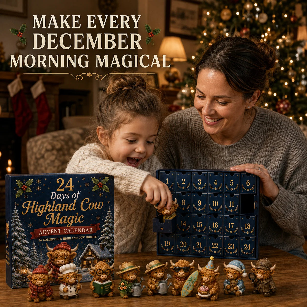 Highland Cow Advent Calendar | 24 Miniature Figures Christmas Countdown Set 7