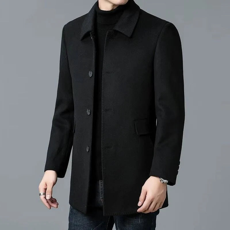 Men's Classic Collar Coat | Mid-Thigh Button Closure Jacket 0