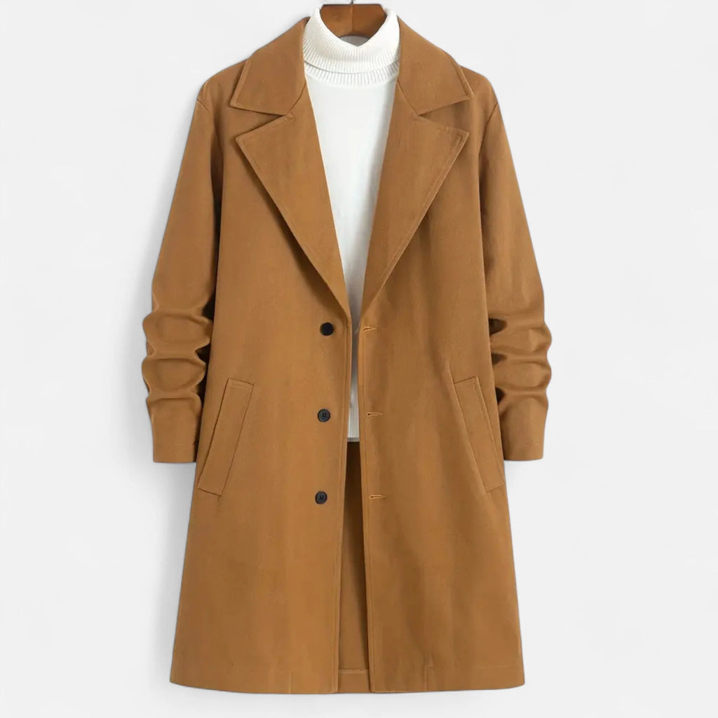 Men's Classic Long Coat | Regular Fit Solid Colour Overcoat 0