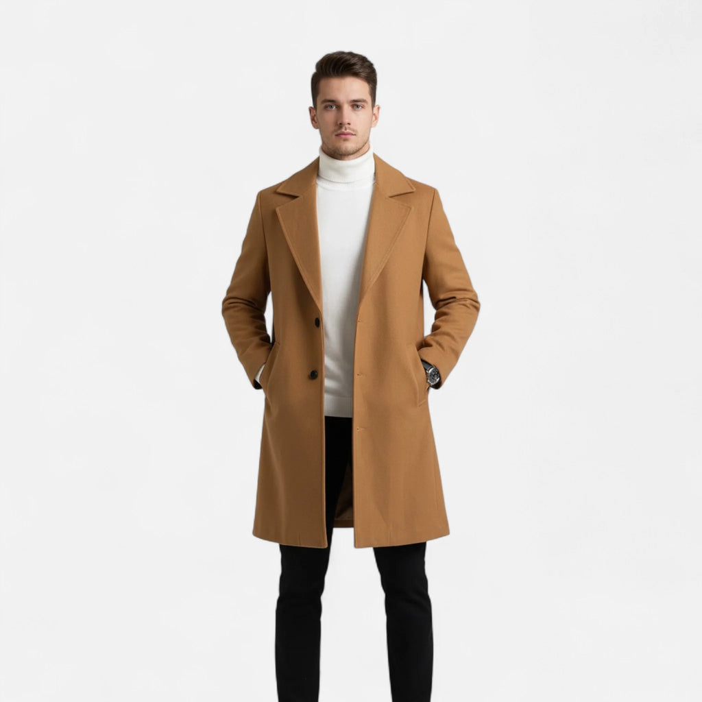 Men's Classic Long Coat | Regular Fit Solid Colour Overcoat 1