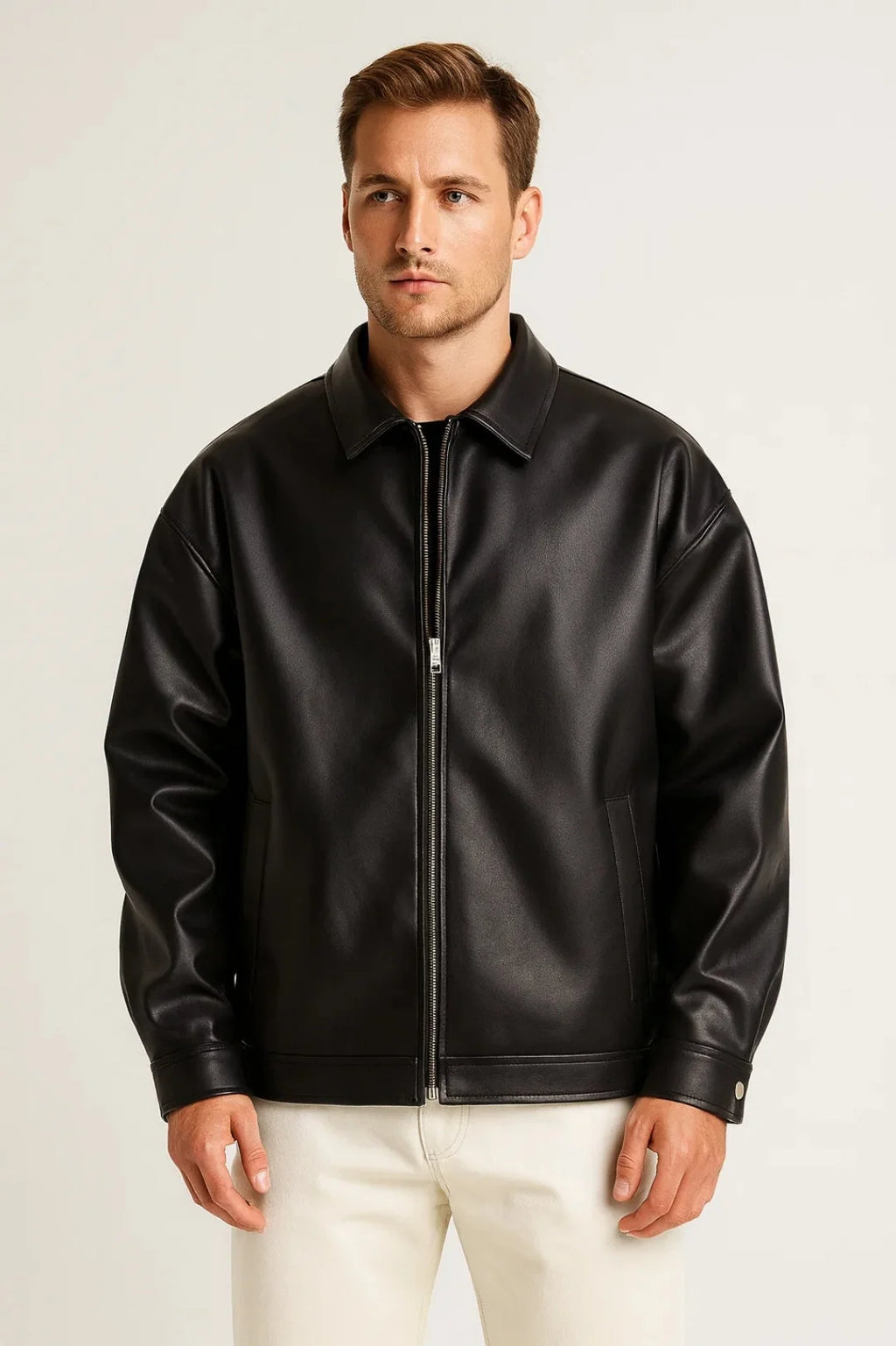 Men's Oversized Biker Jacket | Classic Collar Zip Streetwear Coat 0