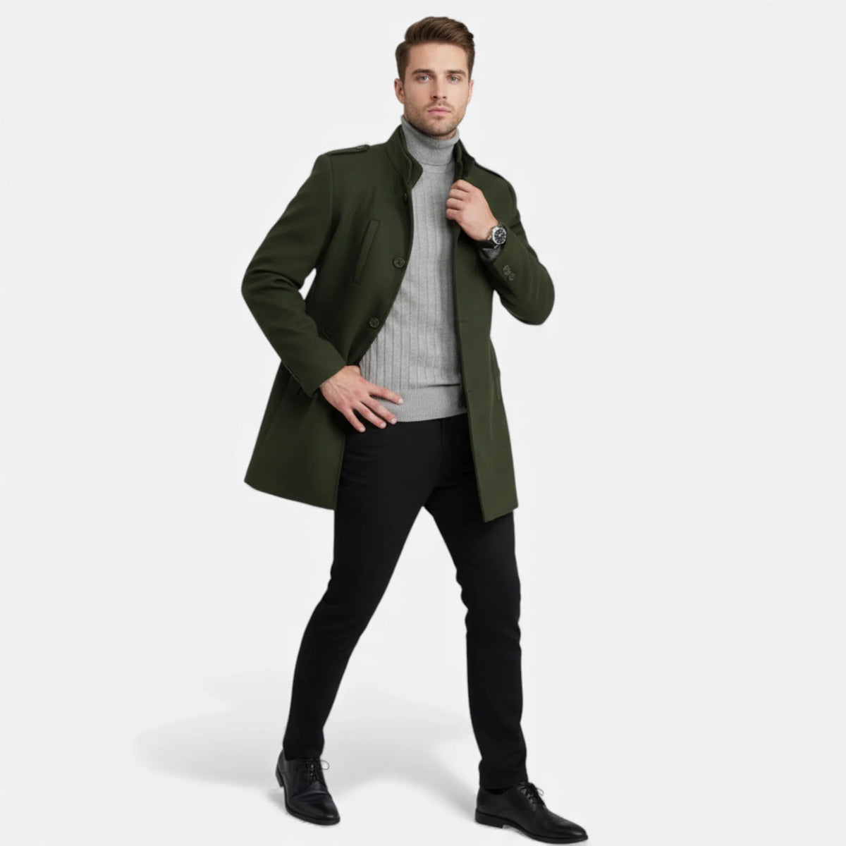 Men's Wool Mid-Length Jacket | Zippered Wool Overcoat 2