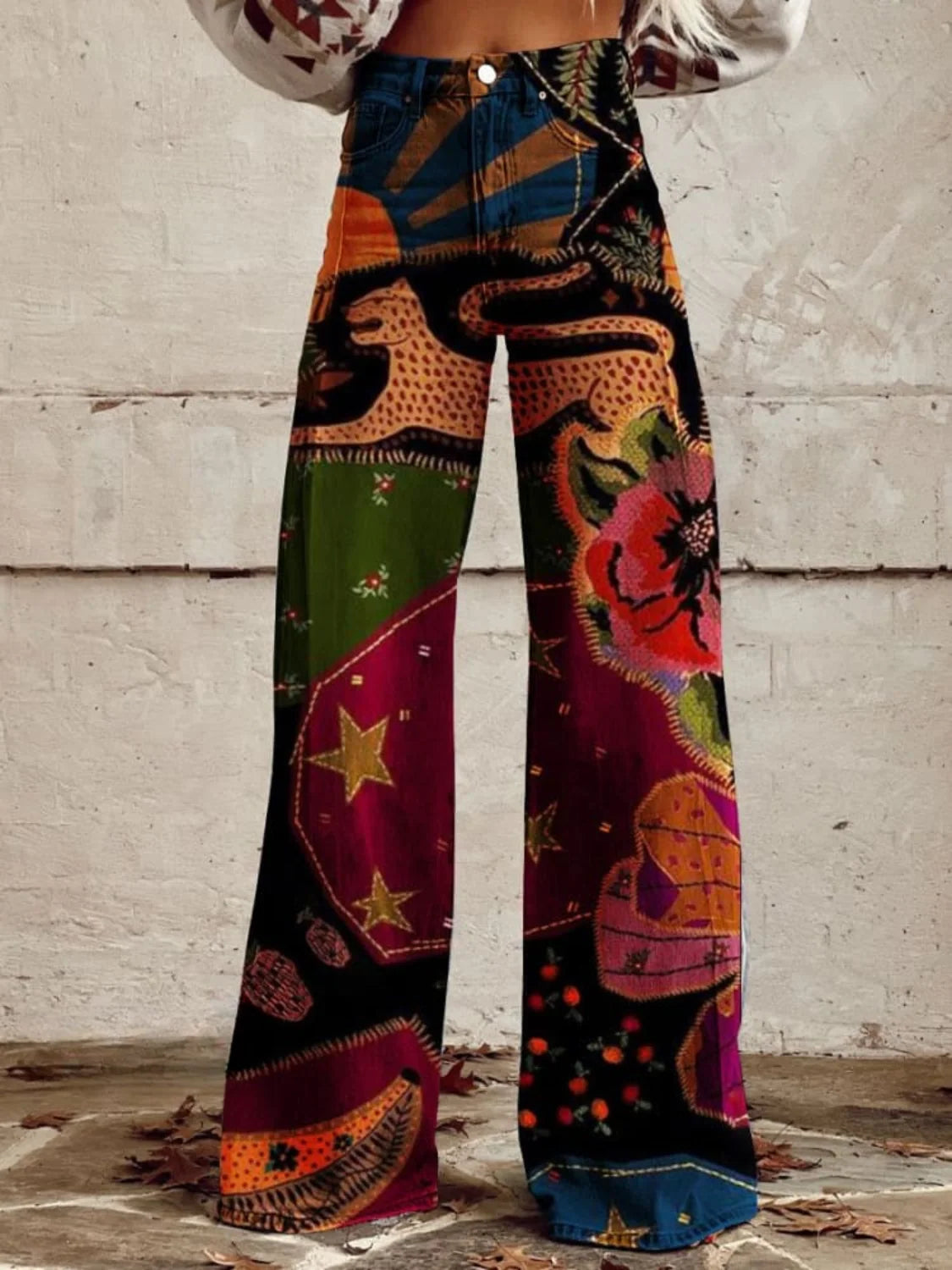 Wide Leg Palazzo Pants for Women | Flowy Vintage Print Trousers 0