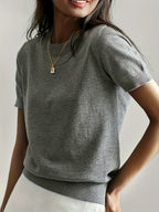 Women’s Fine Knit Short Sleeve Sweater with Ribbed Trim 0