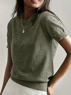 Women’s Fine Knit Short Sleeve Sweater with Ribbed Trim 2