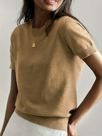 Women’s Fine Knit Short Sleeve Sweater with Ribbed Trim 4