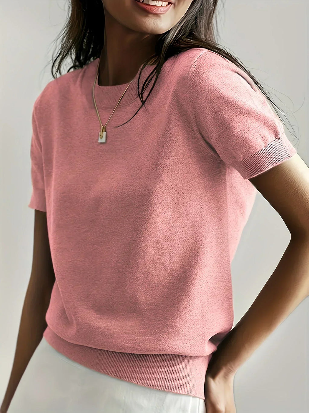 Women’s Fine Knit Short Sleeve Sweater with Ribbed Trim 5