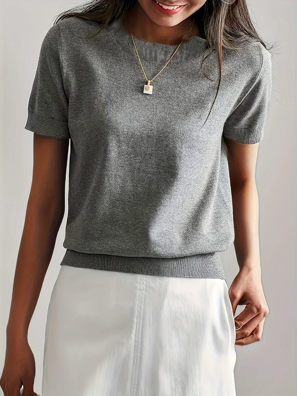 Women’s Fine Knit Short Sleeve Sweater with Ribbed Trim 6