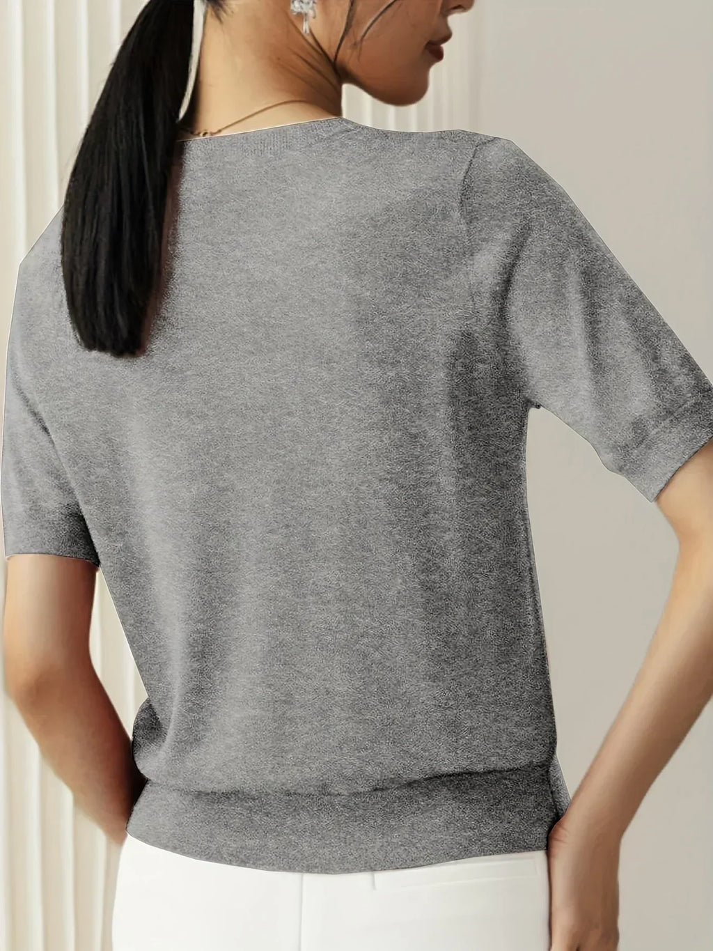 Women’s Fine Knit Short Sleeve Sweater with Ribbed Trim 7