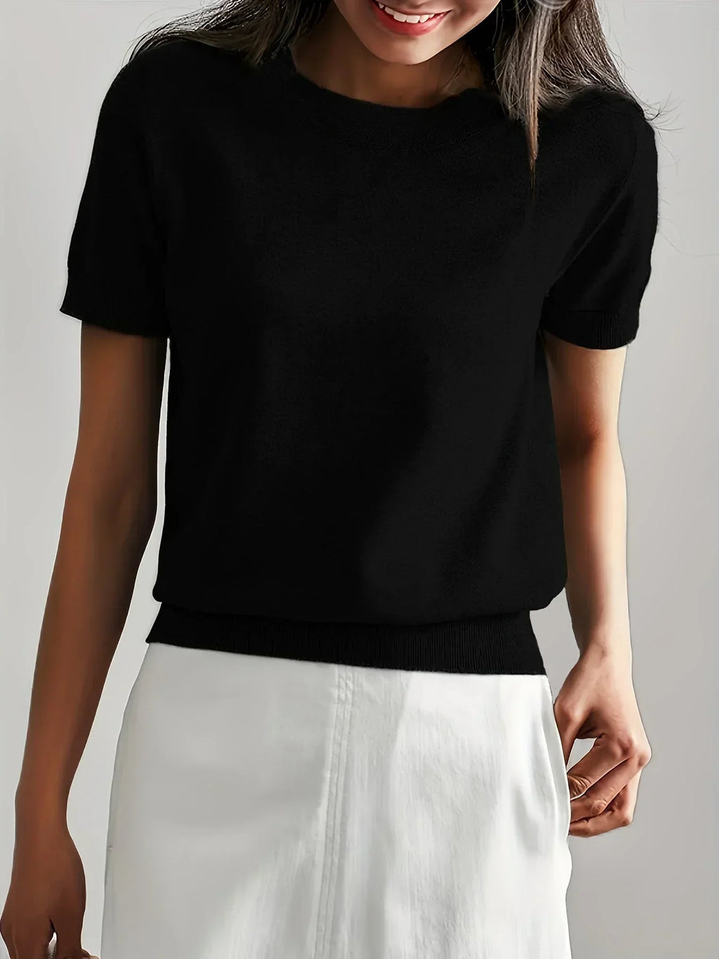 Women’s Fine Knit Short Sleeve Sweater with Ribbed Trim 8