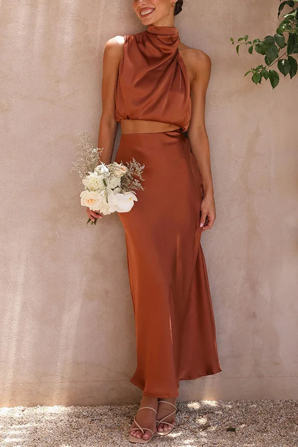 Women's Formal Maxi Dress Set | Draped High-Neck Top & Flowing Skirt 0