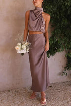Women's Formal Maxi Dress Set | Draped High-Neck Top & Flowing Skirt 2
