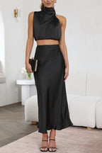 Women's Formal Maxi Dress Set | Draped High-Neck Top & Flowing Skirt 3