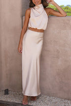 Women's Formal Maxi Dress Set | Draped High-Neck Top & Flowing Skirt 4