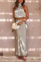 Women's Formal Maxi Dress Set | Draped High-Neck Top & Flowing Skirt 7
