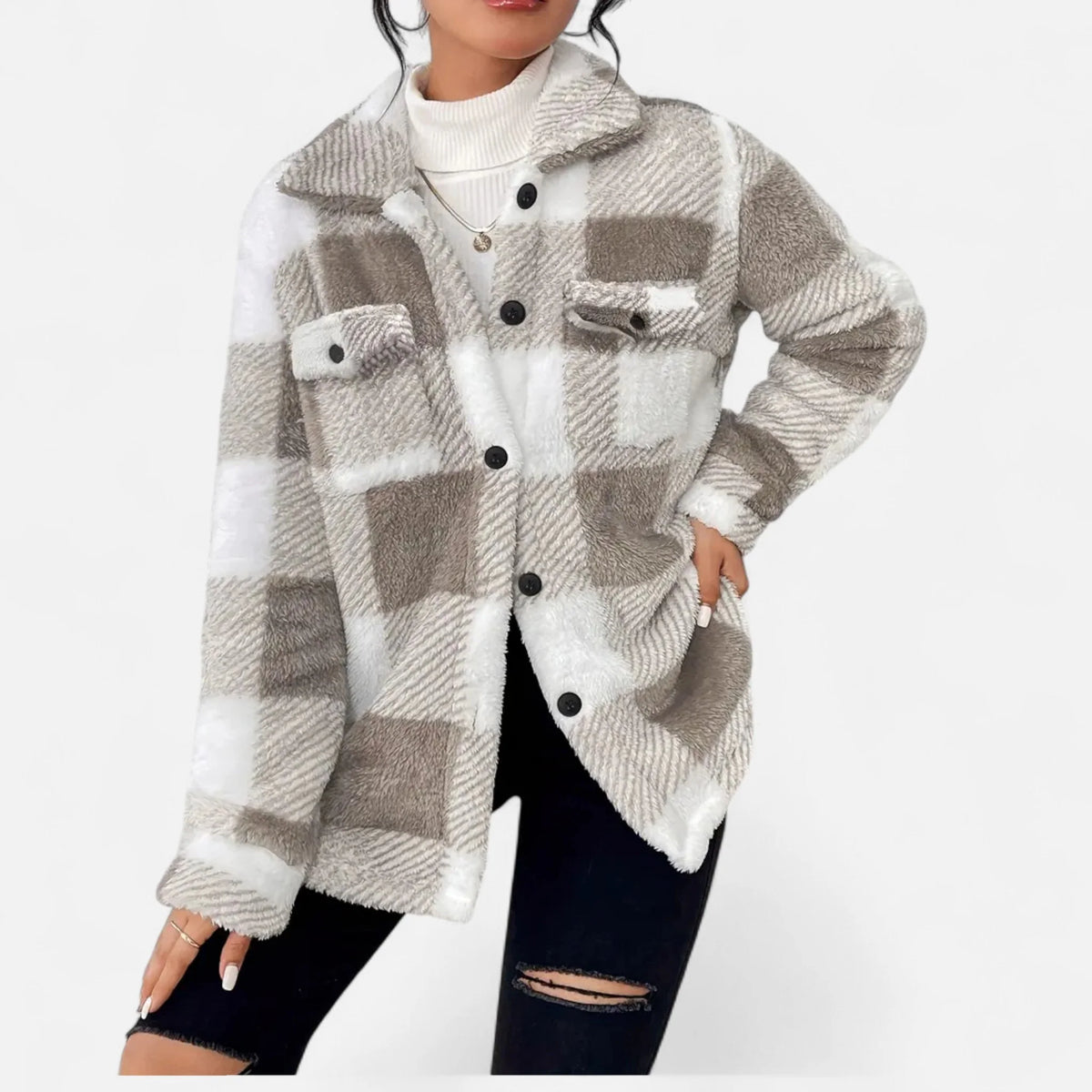 Women's Jacket | Lightweight Checkered Plush Winter Coat 3