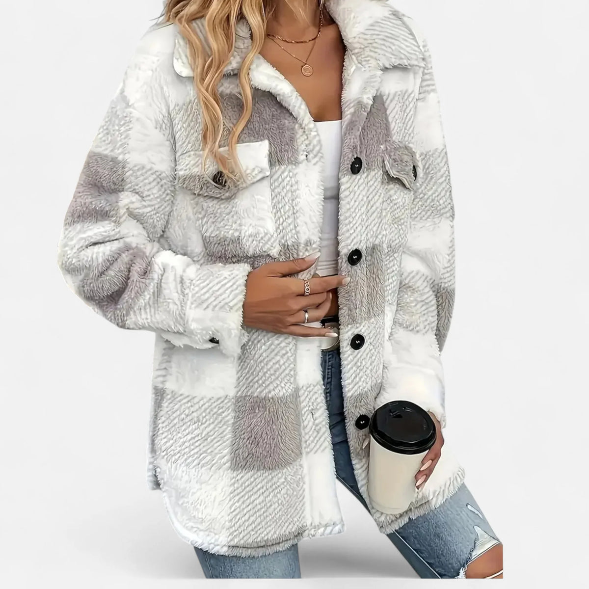 Women's Jacket | Lightweight Checkered Plush Winter Coat 8
