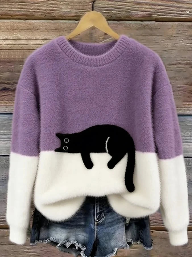 Women's Oversized Cat Print Sweater | Relaxed Fit Knit Top 9