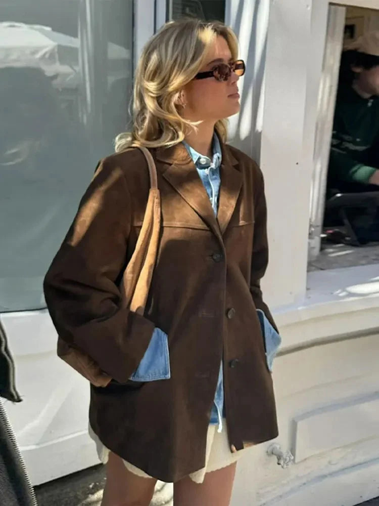Women's Oversized Suede Blazer Jacket | Relaxed Fit Layering Coat 4