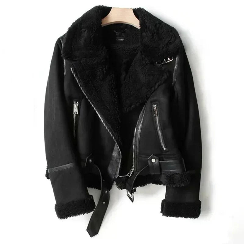 Women’s Sherpa-Lined Leather Jacket | Cropped Biker Style for Cold Weather 0