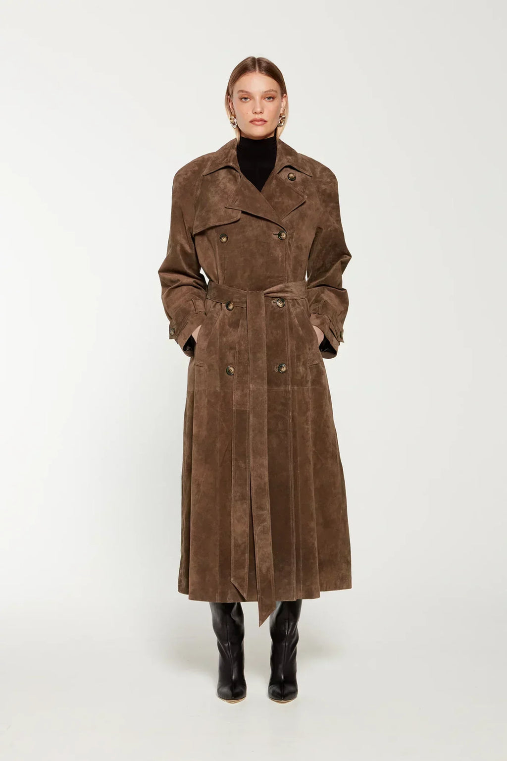 Women's Suede Trench Coat | Belted Winter Coat for Stylish Wear 0