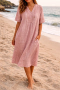 Women's Summer Midi Dress | Relaxed Fit V Neck Linen Dress 0