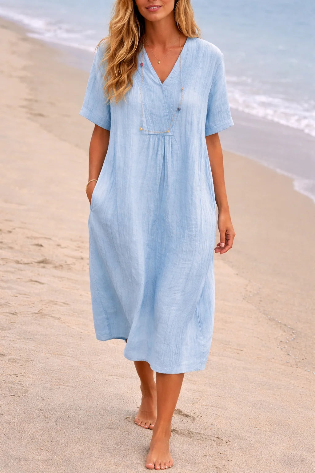 Women's Summer Midi Dress | Relaxed Fit V Neck Linen Dress 2