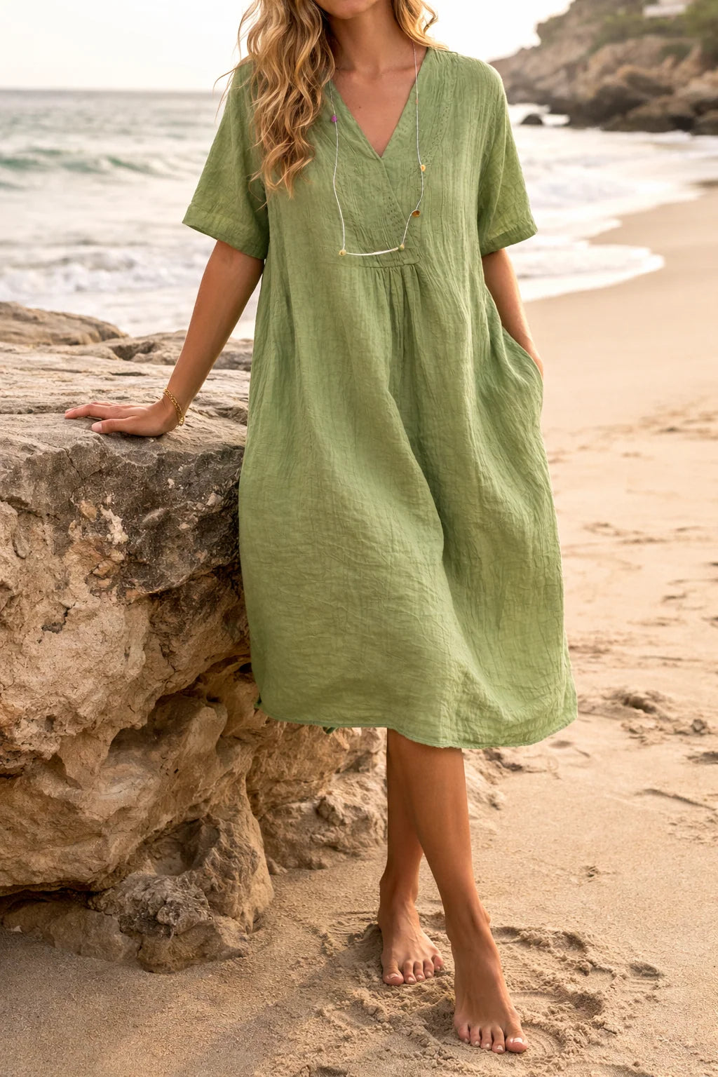 Women's Summer Midi Dress | Relaxed Fit V Neck Linen Dress 3
