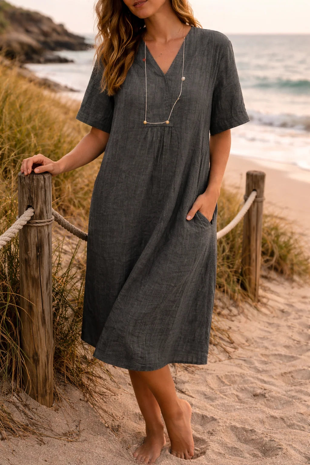 Women's Summer Midi Dress | Relaxed Fit V Neck Linen Dress 4