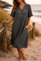 Women's Summer Midi Dress | Relaxed Fit V Neck Linen Dress 4