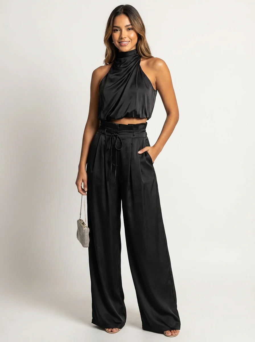 Women's Two Piece Set | Halter Top & Wide-Leg Trousers Matching Set 0