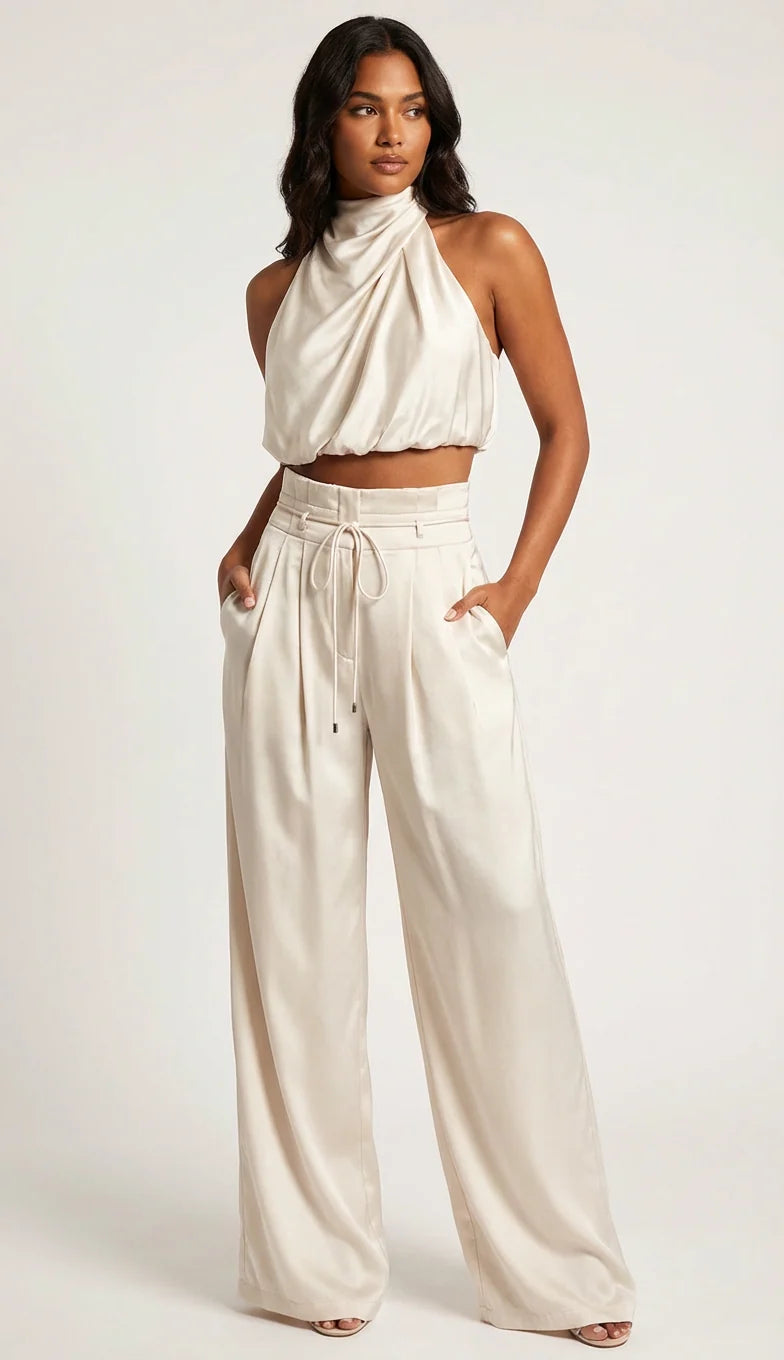 Women's Two Piece Set | Halter Top & Wide-Leg Trousers Matching Set 1