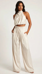 Women's Two Piece Set | Halter Top & Wide-Leg Trousers Matching Set 1