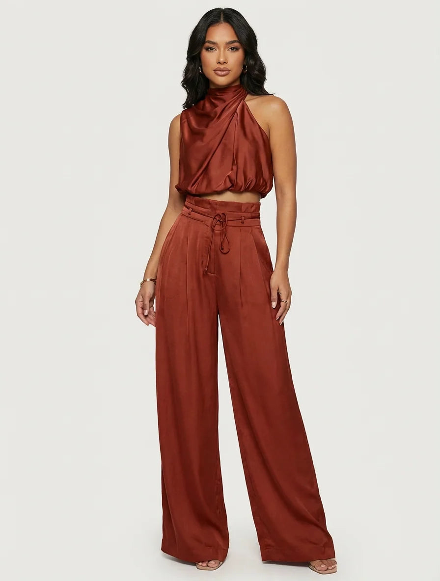 Women's Two Piece Set | Halter Top & Wide-Leg Trousers Matching Set 2