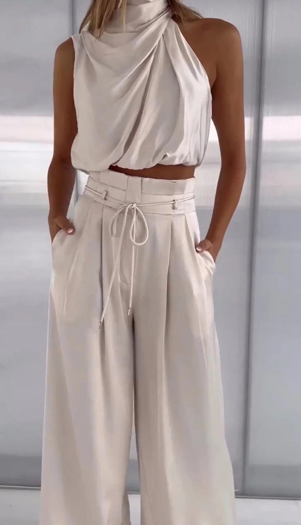 Women's Two Piece Set | Halter Top & Wide-Leg Trousers Matching Set 5