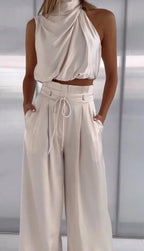 Women's Two Piece Set | Halter Top & Wide-Leg Trousers Matching Set 5