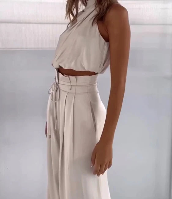 Women's Two Piece Set | Halter Top & Wide-Leg Trousers Matching Set 6
