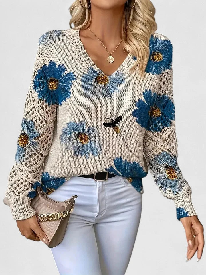 Women's V-Neck Knit Sweater | Breathable Printed Openwork Top 0