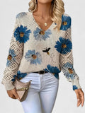Women's V-Neck Knit Sweater | Breathable Printed Openwork Top 0