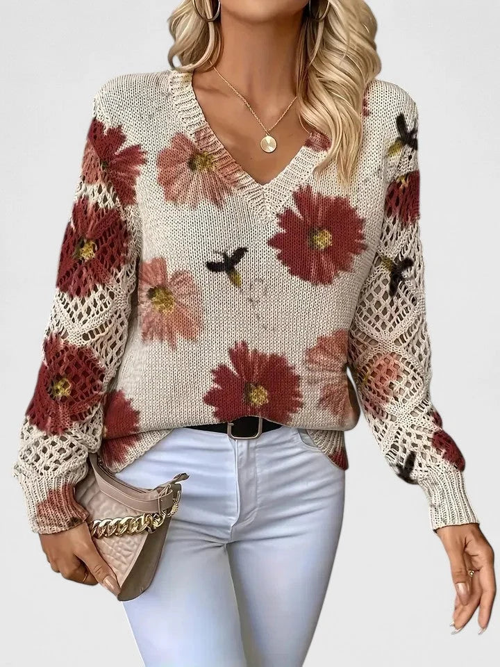 Women's V-Neck Knit Sweater | Breathable Printed Openwork Top 1