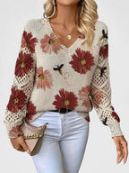 Women's V-Neck Knit Sweater | Breathable Printed Openwork Top 1