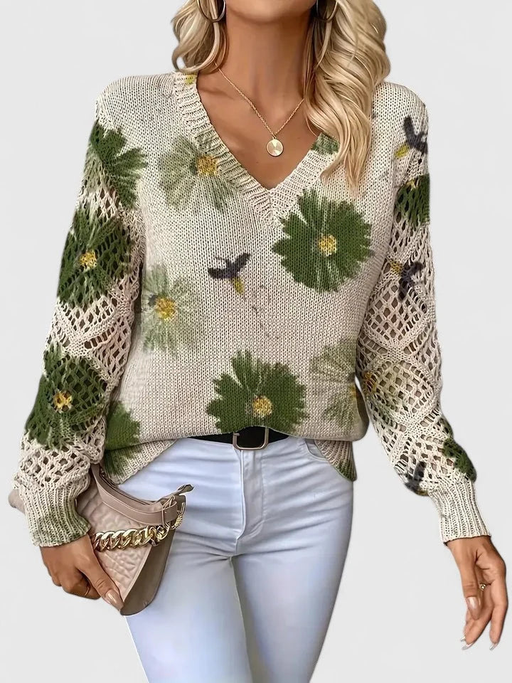 Women's V-Neck Knit Sweater | Breathable Printed Openwork Top 2