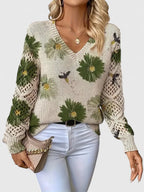 Women's V-Neck Knit Sweater | Breathable Printed Openwork Top 2
