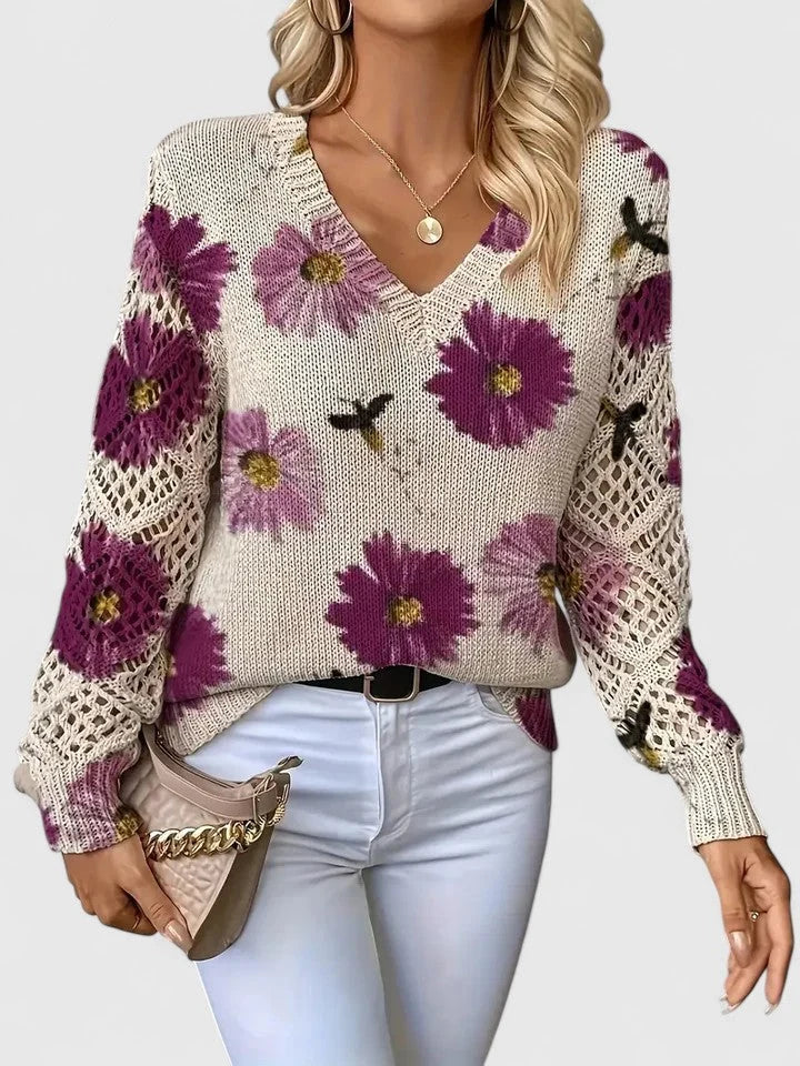 Women's V-Neck Knit Sweater | Breathable Printed Openwork Top 3