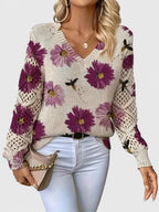 Women's V-Neck Knit Sweater | Breathable Printed Openwork Top 3