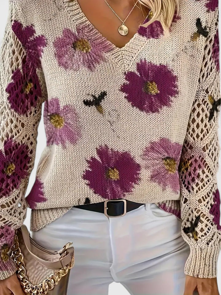 Women's V-Neck Knit Sweater | Breathable Printed Openwork Top 4