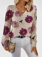 Women's V-Neck Knit Sweater | Breathable Printed Openwork Top 5
