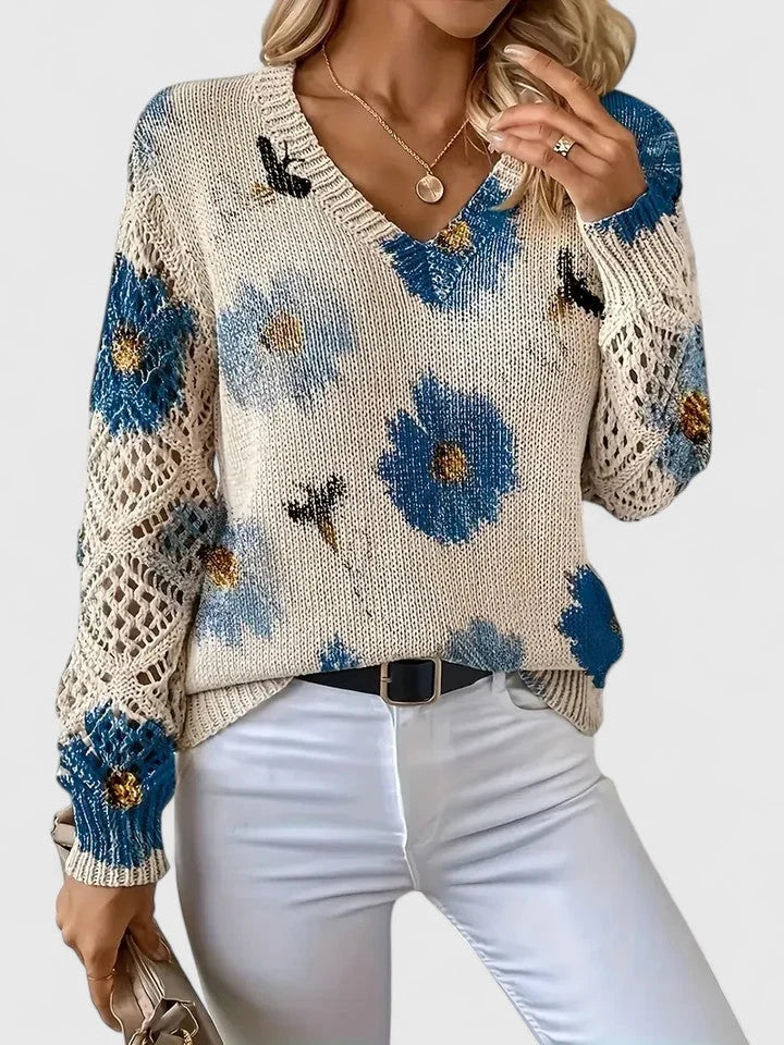 Women's V-Neck Knit Sweater | Breathable Printed Openwork Top 6